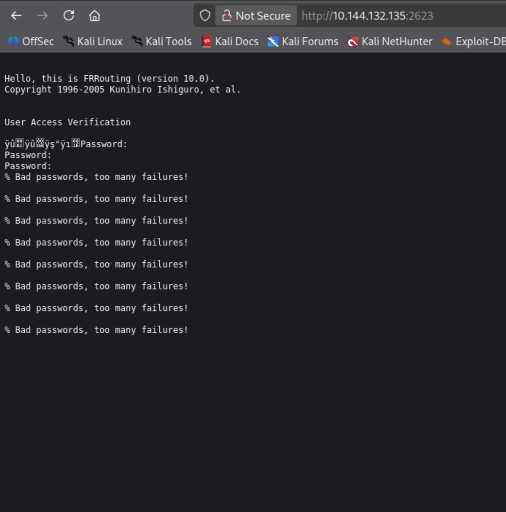Port 2623 in browser — Telnet IAC negotiation bytes rendered as garbage
